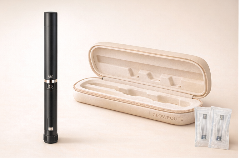 GlowRoute injection pen, protective case, and sealed cartridges